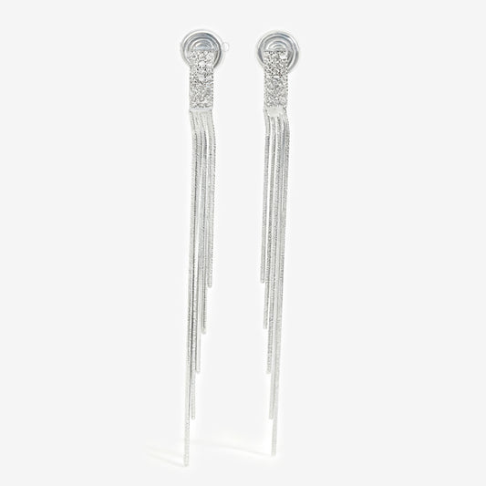 Silver Colour CZ Minimalist Earrings, Non Pierced Long Chain Tassel Earrings, Crystal Ear Clips