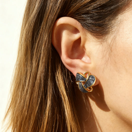 Clip On Stud Earrings Gold-Tone Blue Knot Geometric Earrings, Non Pierced Stud Earrings, Twist Knot Stud Earrings, Medium Blue-gray Studs