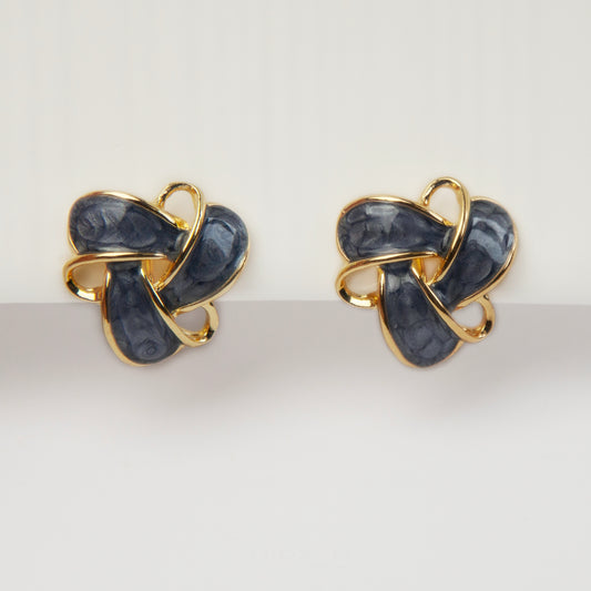 Clip On Stud Earrings Gold-Tone Blue Knot Geometric Earrings, Non Pierced Stud Earrings, Twist Knot Stud Earrings, Medium Blue-gray Studs