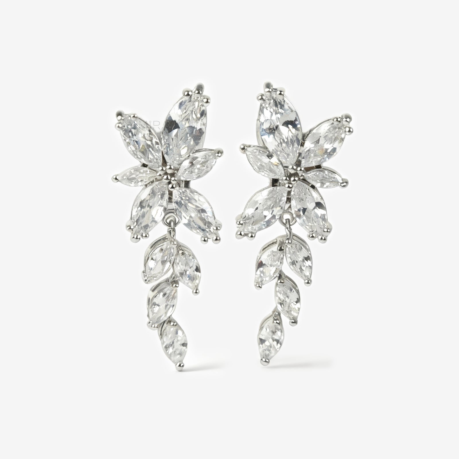Large silver leaf clip-on earrings with diamond sparkle. Dangle drop design with mini-clip backs. Bold, lightweight, and perfect for non-pierced ears.