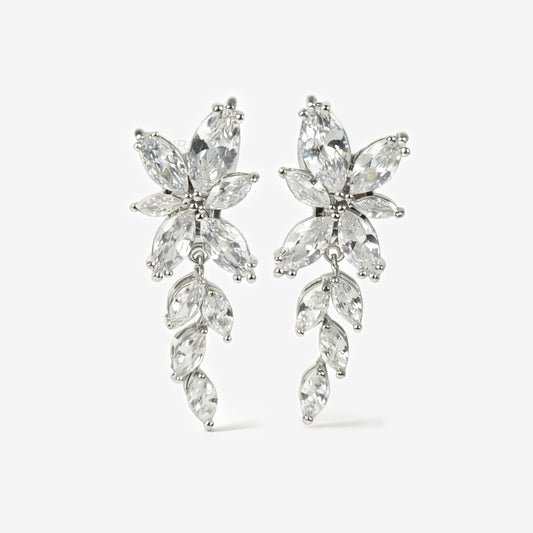 Large silver leaf clip-on earrings with diamond sparkle. Dangle drop design with mini-clip backs. Bold, lightweight, and perfect for non-pierced ears.