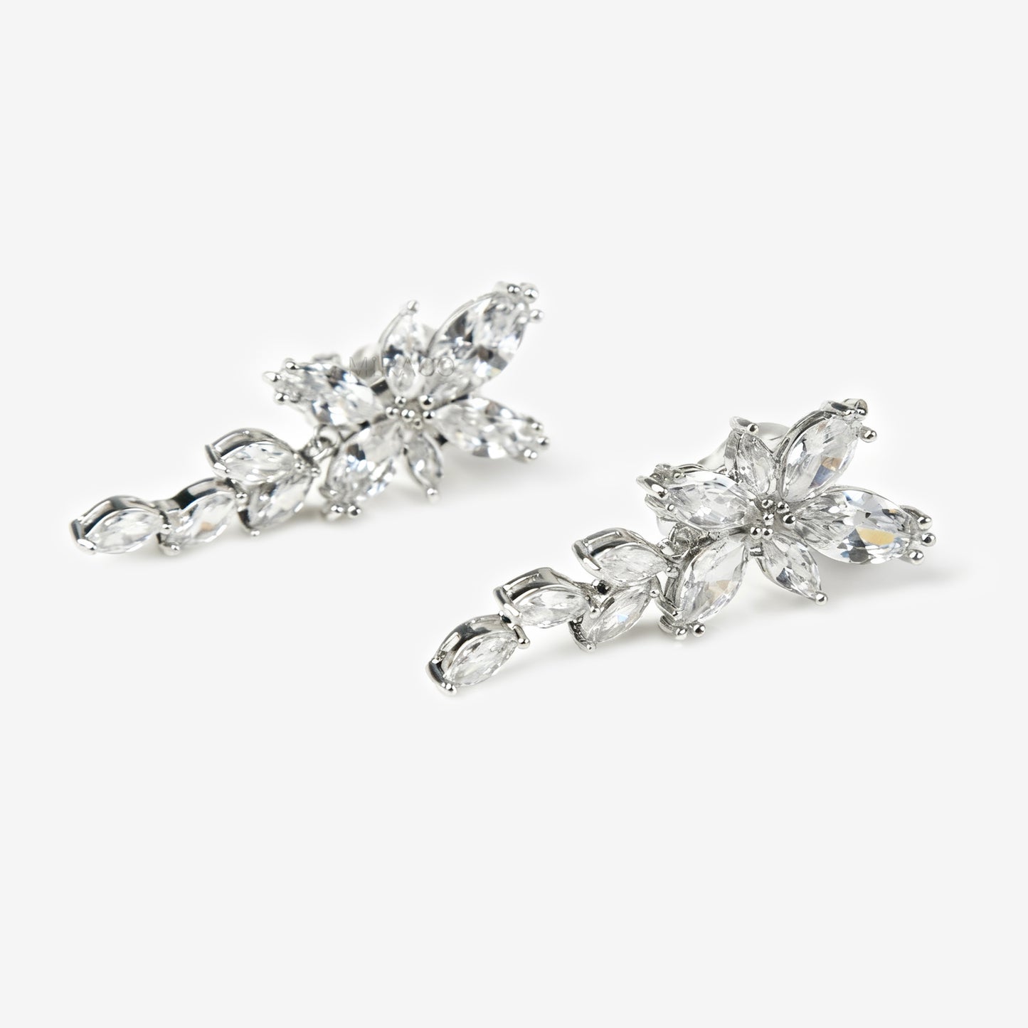 Leaf Diamond Clip-On Earrings – Silver Dangle Drop Statement Style