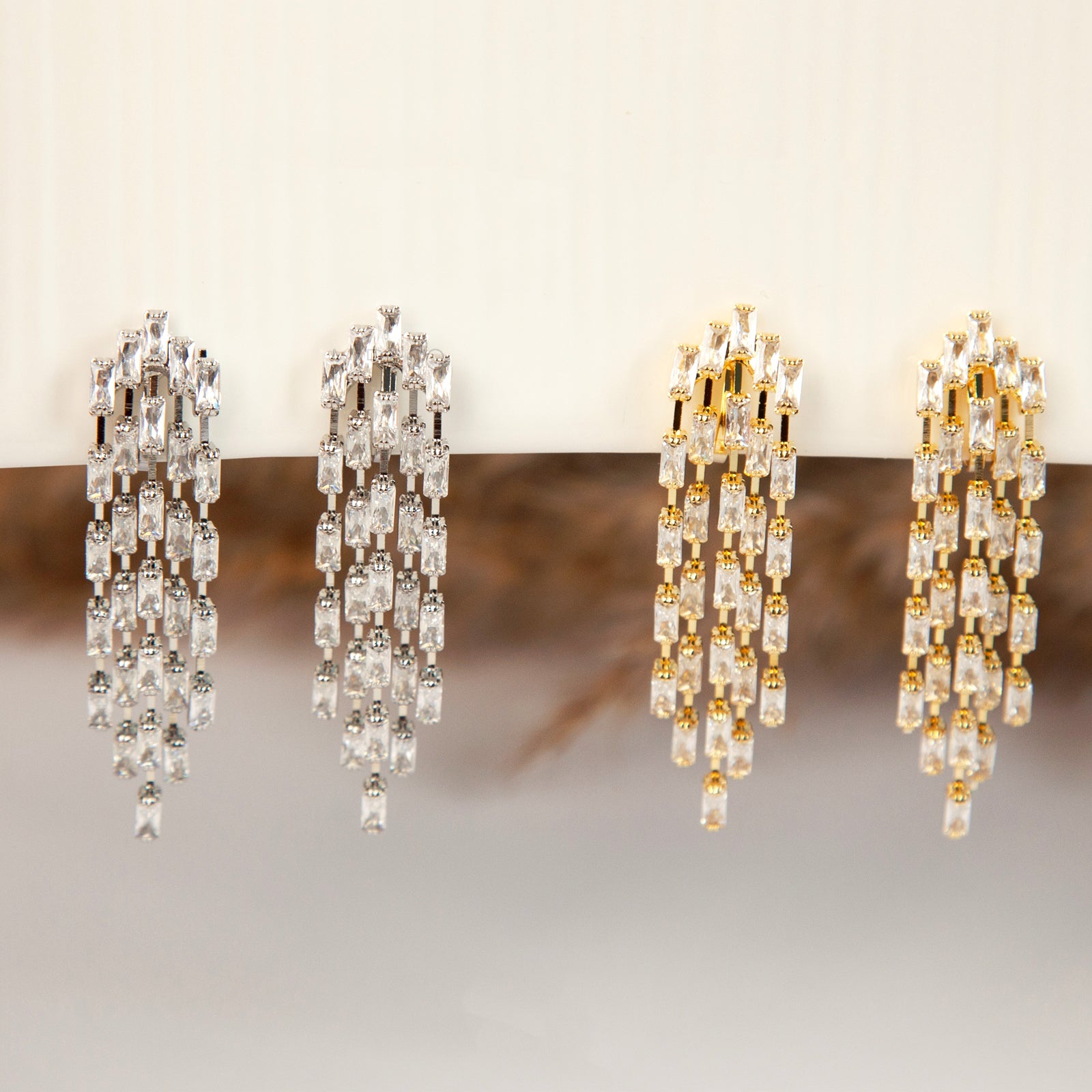 Clip On Diamond Cascade Earrings, Mini-Clip Waterfall Fringe Earrings, Clear Crystal Diamante Dangle Drop Non-Pierced Bridal Wedding Earring