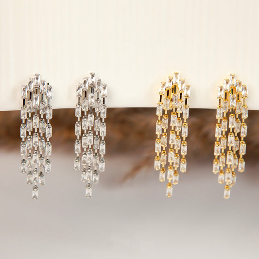 Clip On Diamond Cascade Earrings, Mini-Clip Waterfall Fringe Earrings, Clear Crystal Diamante Dangle Drop Non-Pierced Bridal Wedding Earring