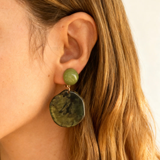 Large Green Disk Dangle Geometric Clip On Earrings, Large Minimal Ear Clip Non Pierced Circle Drop Earrings