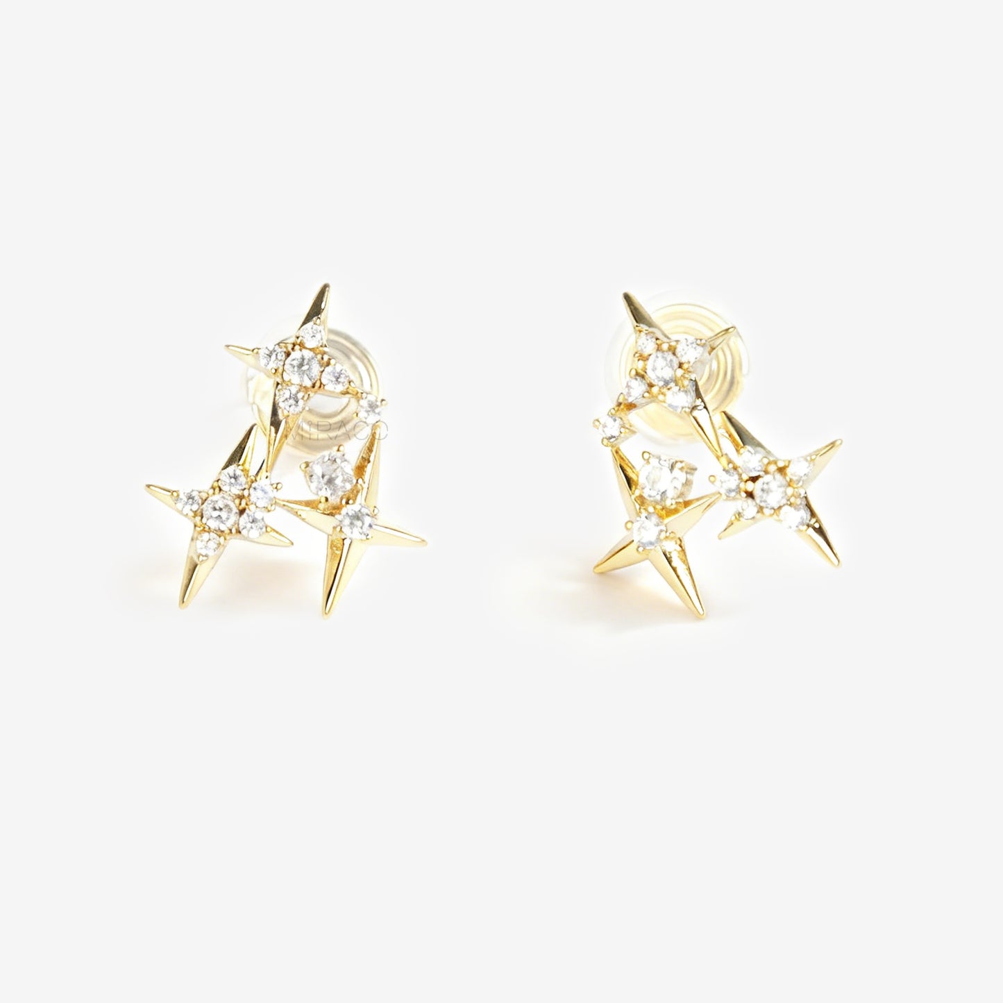 Crystal Star Stud Earrings, Gold Plated CZ Stud Earrings, Four Points Star Earrings, Gold Star Clip On Earrings, Non Pierced Earrings