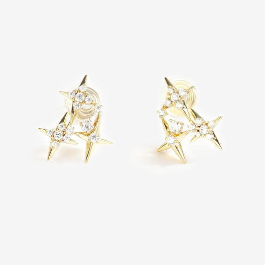 Crystal Star Stud Earrings, Gold Plated CZ Stud Earrings, Four Points Star Earrings, Gold Star Clip On Earrings, Non Pierced Earrings