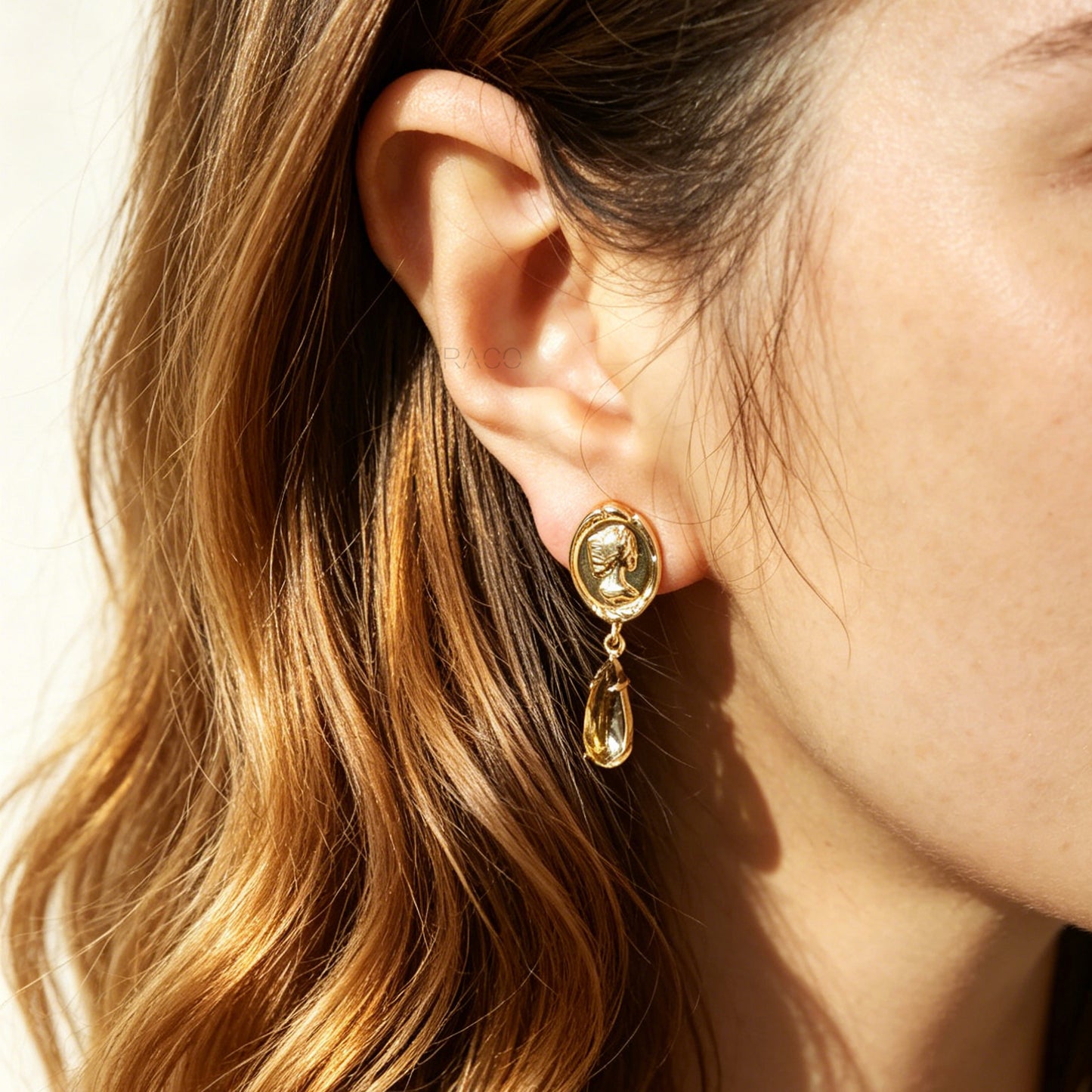 Clip On Crystal Gold Goddess Coin Dangle Earrings
