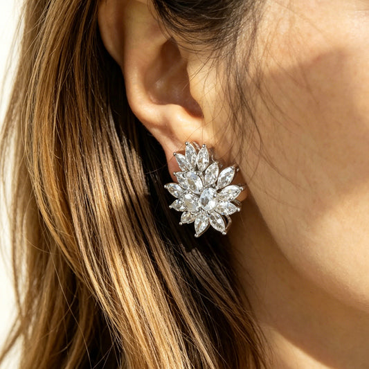 Clip On Large Diamond Cluster Stud Earrings