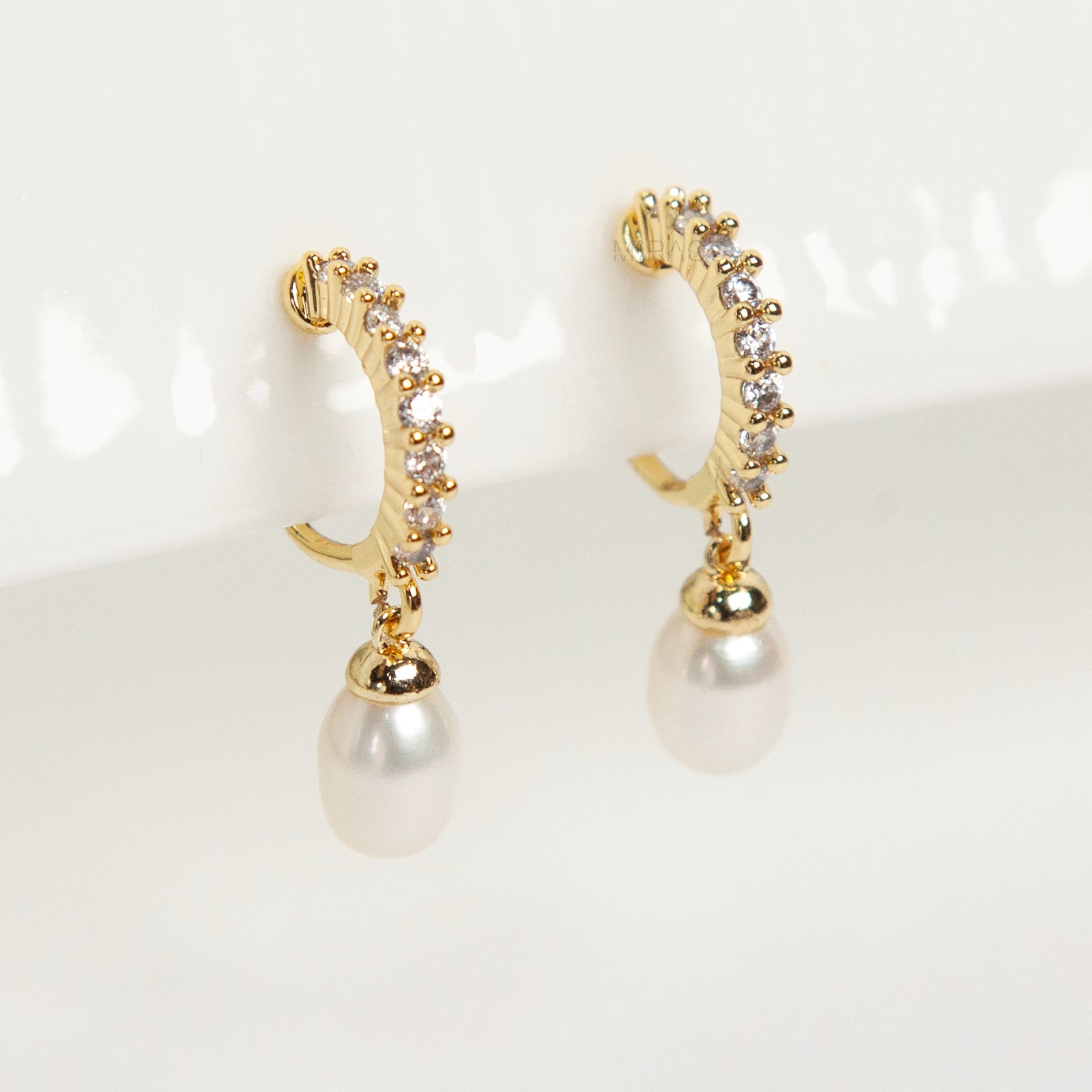 Genuine Pearl Dangle Clip On Earrings Gold Hoop