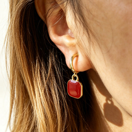 Clip On Burgundy Dangle Hoop Earrings