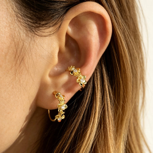 Dainty Floral CZ Huggie Hoop Clip-On Earrings