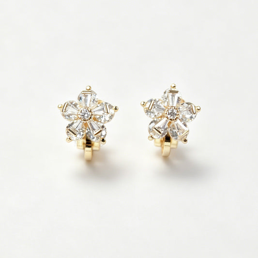 Mini-Clip Paddle Back Earrings, Clear Crystal Stud Earrings, Non-Pierced Flower Earrings