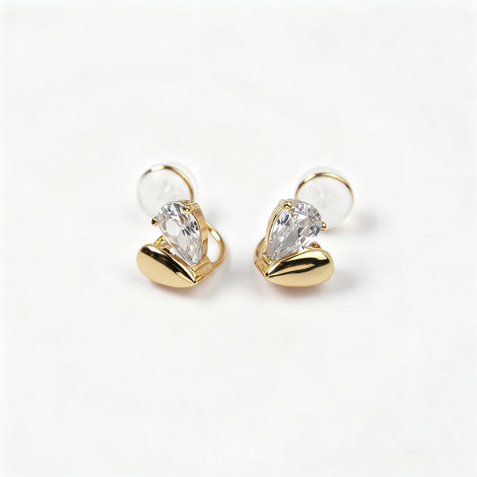heart clip-on earrings, small heart studs, gold crystal clip-on, non pierced earrings, dainty heart earrings, silicone back clip-ons, bridal clip-on studs, everyday clip-on jewelry, romantic earrings no piercing