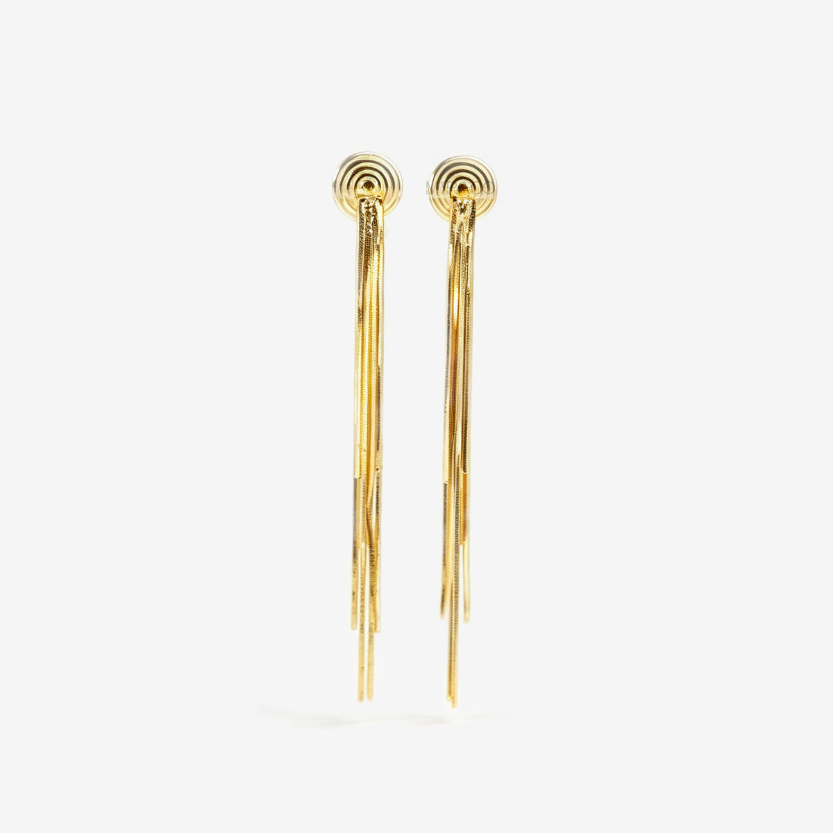 Gold statement clip-on earrings with coil backs featuring long cascading liquid snake tassel chains on a clean white background