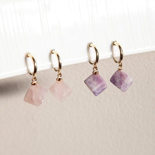 Elegant clip-on earrings with coil backs. Choose rose quartz or amethyst cube dangles on gold hoops. Handmade, lightweight &amp; perfect for non-pierced ears.