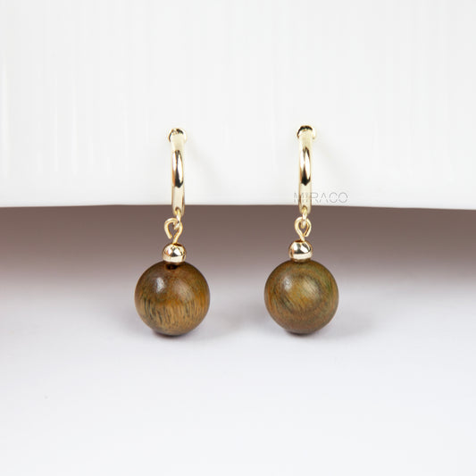 Clip-On Earrings – Gold Hoop with Dangle Wood Bead