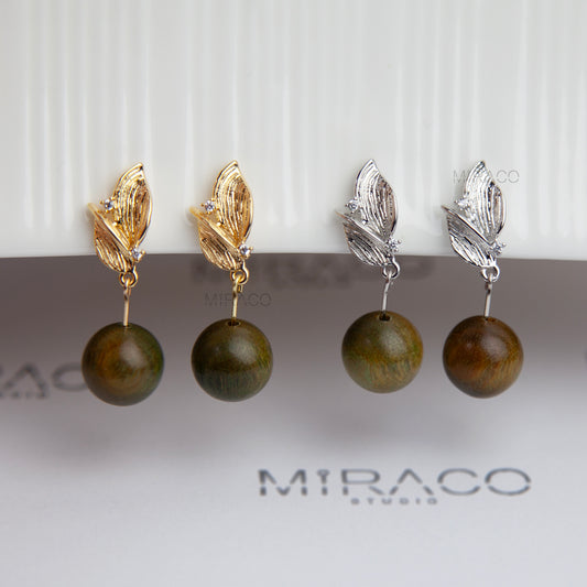 Clip-On Earrings – Green Sandalwood Bead with Leaf Stud