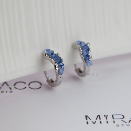 Silver Textured Hoop Earrings with Blue Stones – Pierced & Clip-On Options