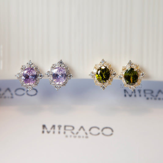 Oval Crystal Clip-On Earrings Green or Purple
