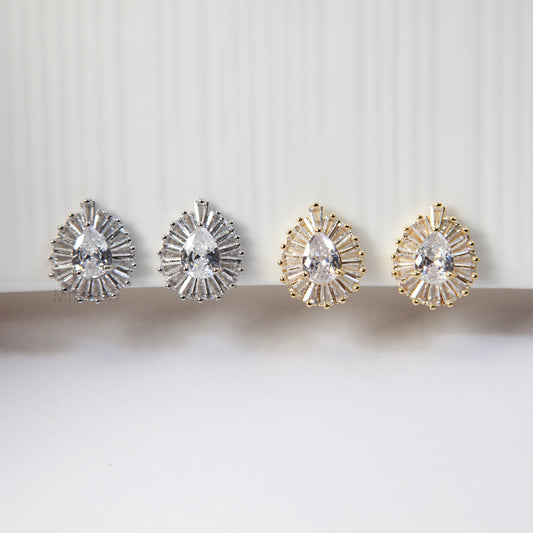 Pear-Shaped CZ Sunburst Clip-On Earrings – Gold or Silver
