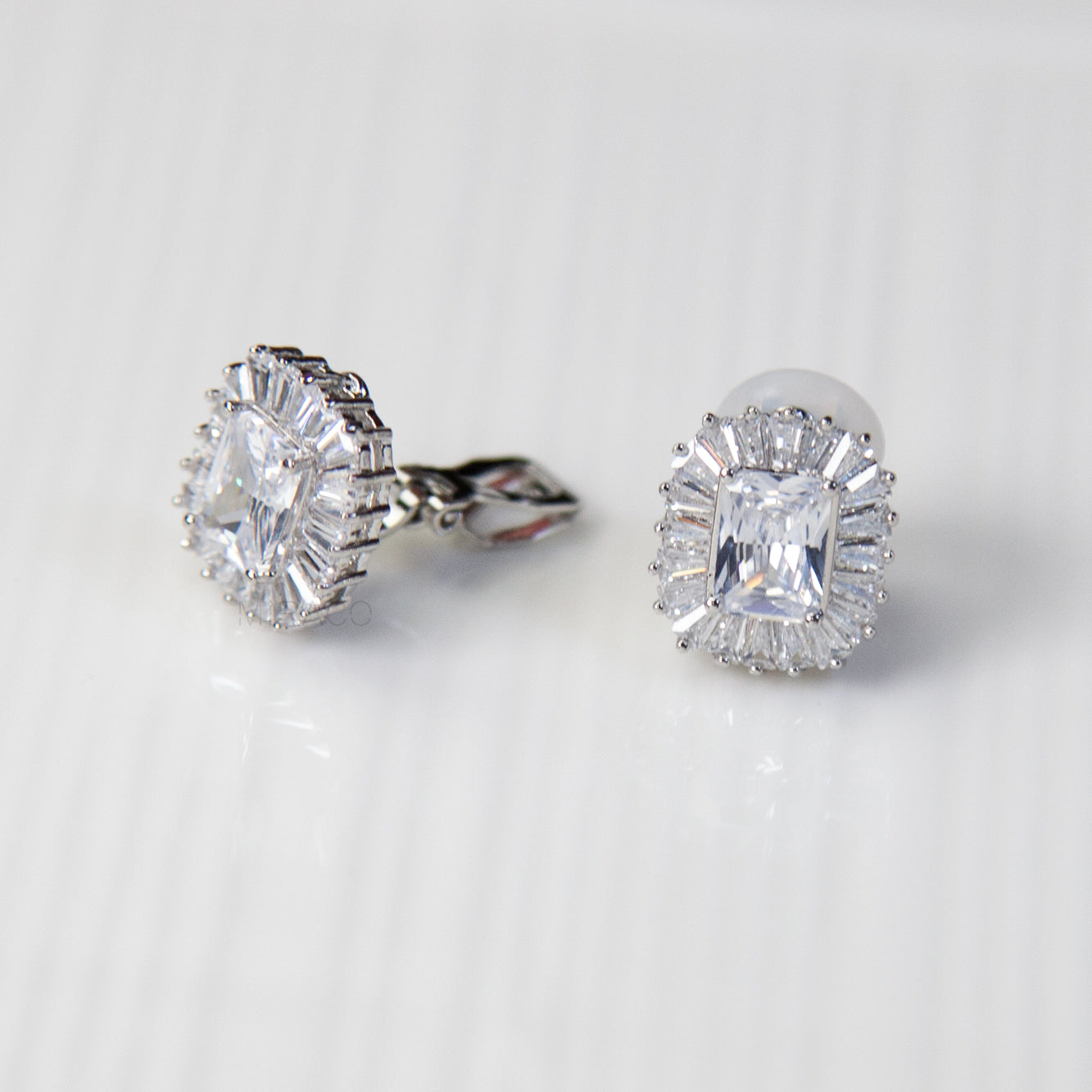 Emerald-Cut Halo CZ Clip-On Earrings – Mini Clip Back
