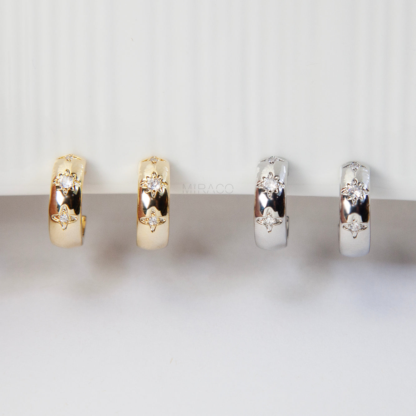 Star Crystal CZ Hoop Clip-On Earrings – Coil Back, Gold or Silver