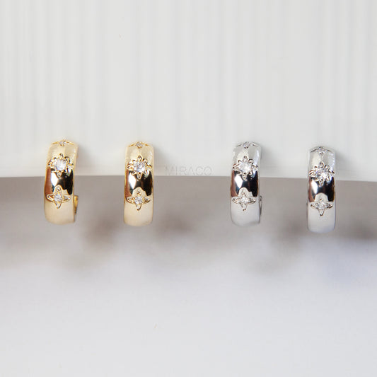 Star Crystal CZ Hoop Clip-On Earrings – Coil Back, Gold or Silver