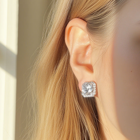 Elegant Cushion-Cut Crystal Clip-On Earrings – Mini-Clip Back, No Piercing Needed
