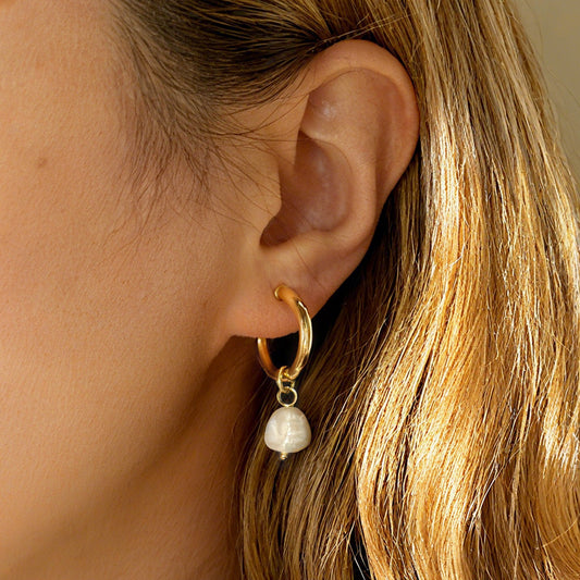 Gold Clip-On Hoop Earrings with Freshwater Pearl Charms – No Piercing Needed