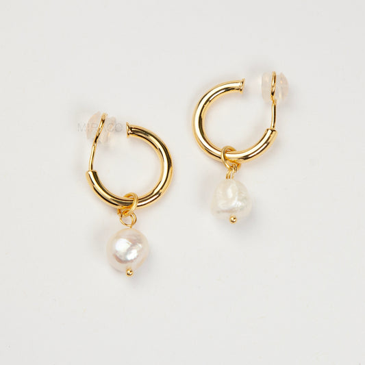 Gold Clip-On Hoop Earrings with Freshwater Pearl Charms – No Piercing Needed