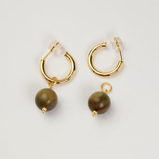 Gold Clip-On Hoop Earrings with Green Sandalwood Beads – Natural Wooden Charm