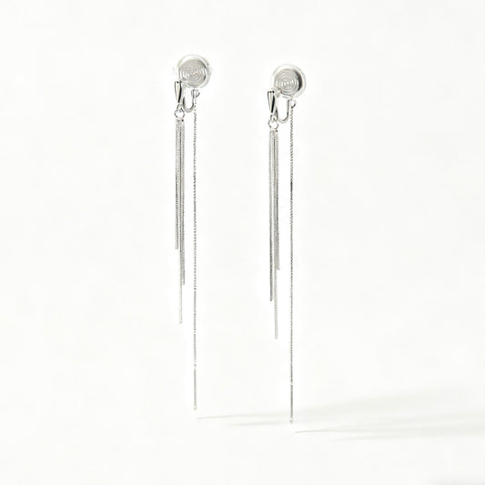 Silver Tassel Clip-On Earrings – Long Dangle Chain Earrings