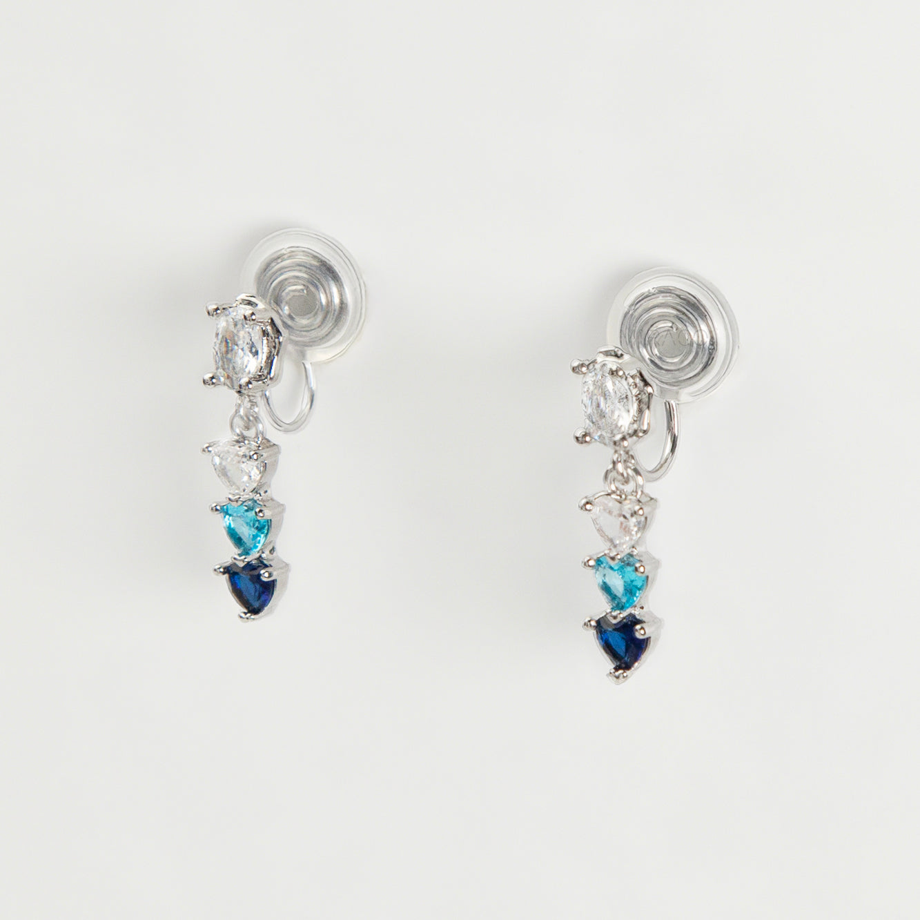 Pair of clip on earrings with heart-shaped gemstones, blue and white gem stone,Silver drop clip-on earrings with blue and white crystals, non-pierced elegant dangle earrings