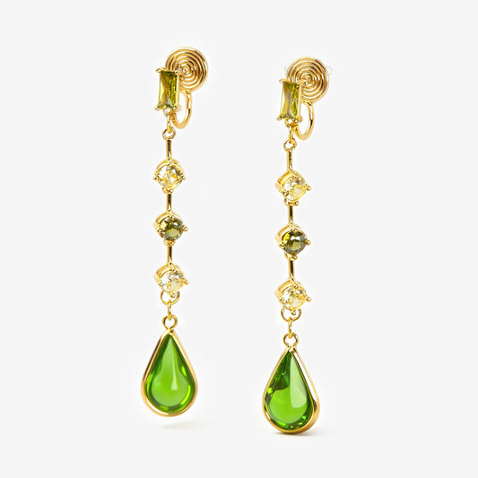 green gemstone clip-on earrings, drop earrings non pierced, green crystal clip on, gold coil back earrings, long statement clip on earrings, emerald style earrings non pierced