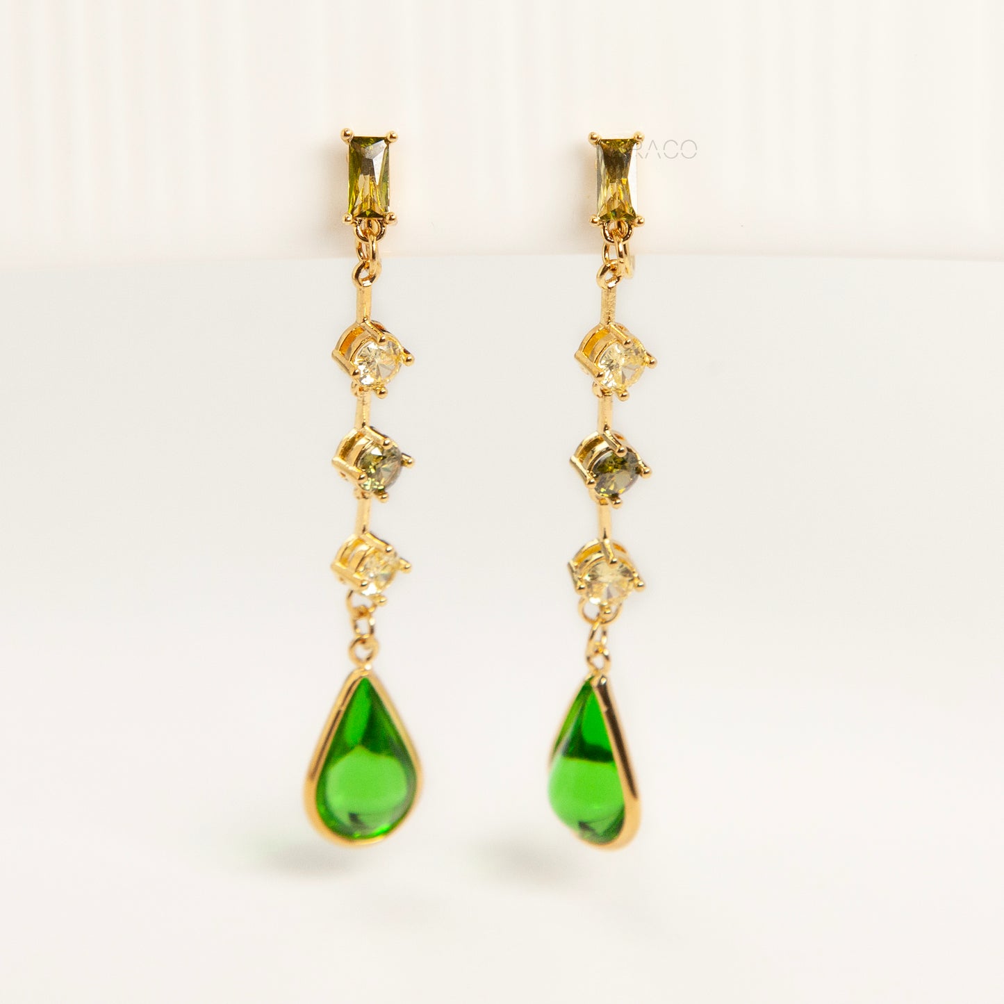 Green Gemstone Drop Clip-On Earrings – Gold Coil Back Non Pierced Earrings