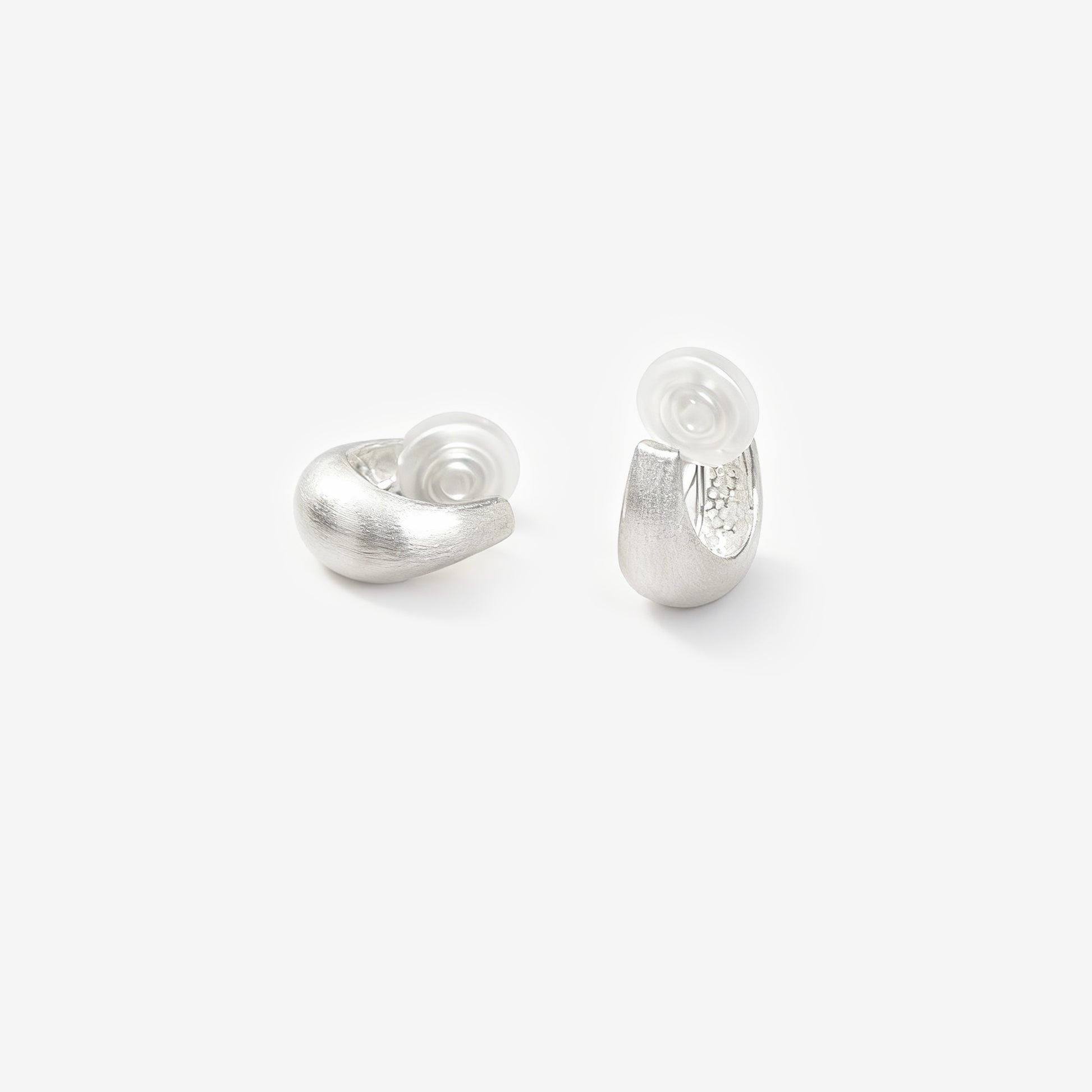 brushed silver clip-on earrings, dome hoop clip-ons, silver coil back earrings, non pierced hoop earrings, matte silver hoop earrings, clip-on everyday earrings, brushed finish earrings, classic silver dome hoops