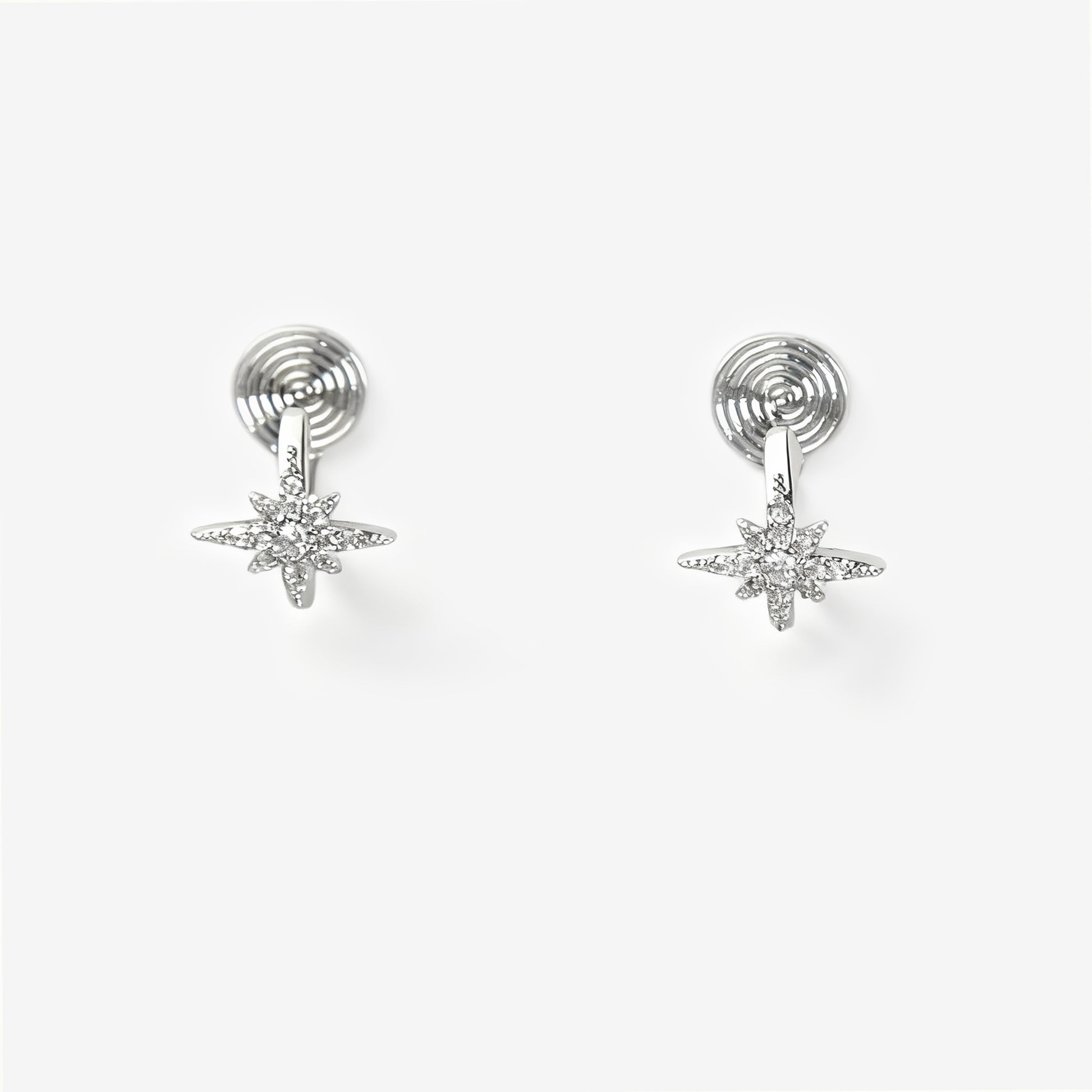 silver star clip-on earrings, pave star hoop earrings, non pierced star hoops, clip-on ear cuff earrings, celestial clip-on jewelry, diamond star earrings without piercing, small star hoop clip-ons, silver ear cuff non pierced
