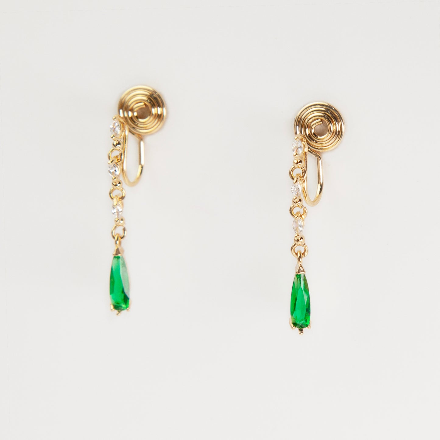 emerald green clip-on earrings, drop earrings non pierced, green teardrop clip on, gold coil back earrings, crystal drop clip on earrings, non pierced statement earrings