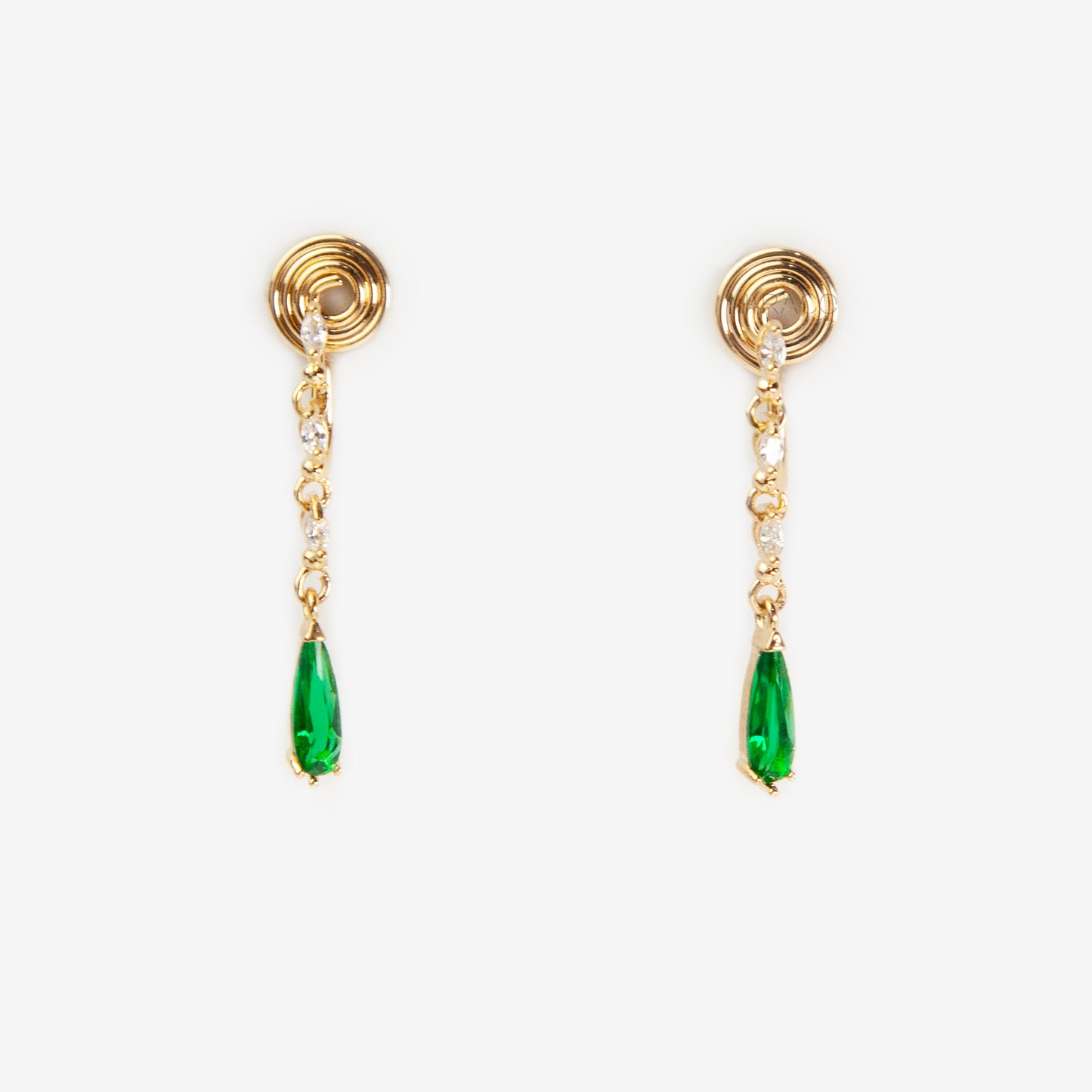 emerald green clip-on earrings, drop earrings non pierced, green teardrop clip on, gold coil back earrings, crystal drop clip on earrings, non pierced statement earrings