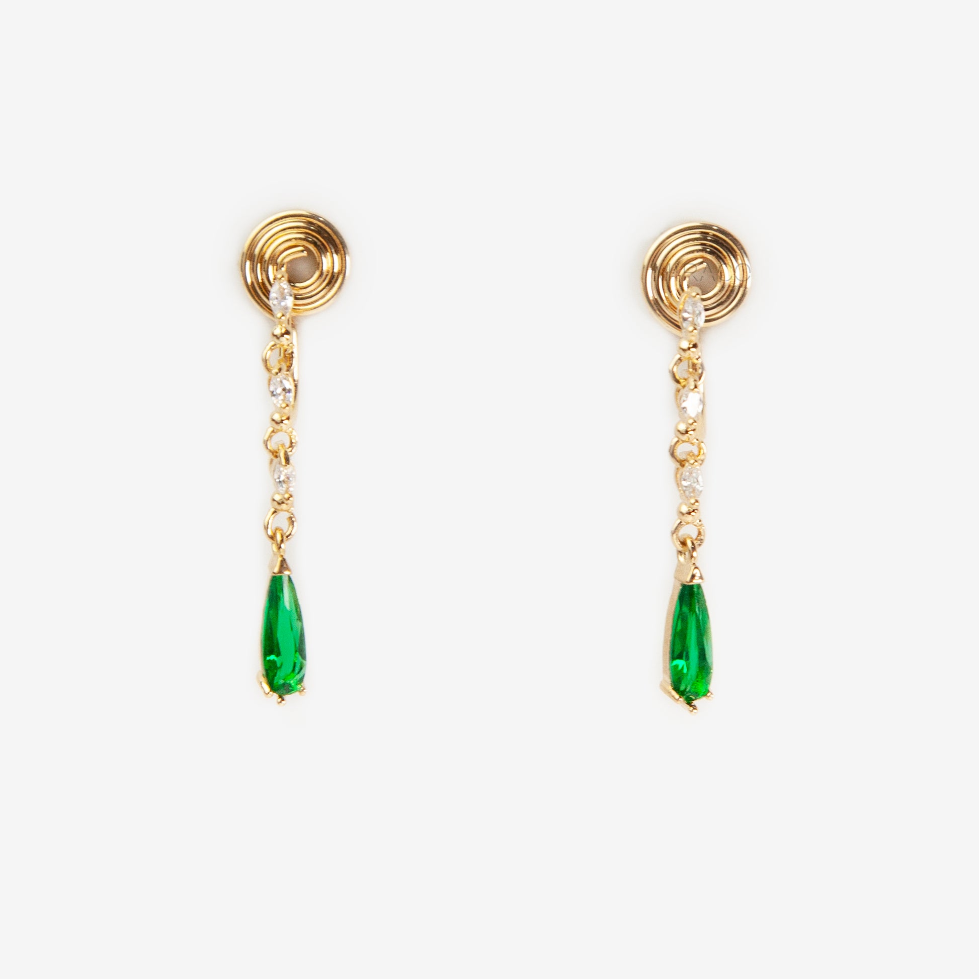 emerald green clip-on earrings, drop earrings non pierced, green teardrop clip on, gold coil back earrings, crystal drop clip on earrings, non pierced statement earrings