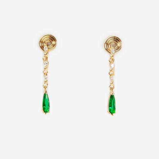 emerald green clip-on earrings, drop earrings non pierced, green teardrop clip on, gold coil back earrings, crystal drop clip on earrings, non pierced statement earrings