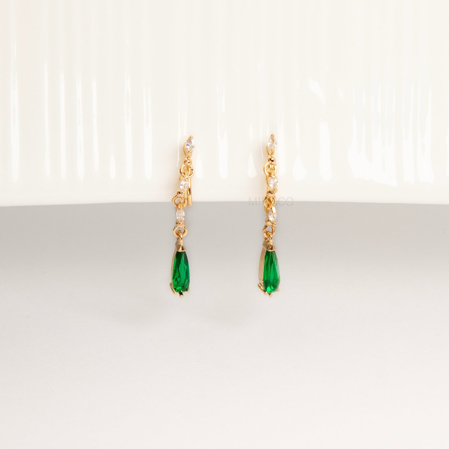 emerald green clip-on earrings, drop earrings non pierced, green teardrop clip on, gold coil back earrings, crystal drop clip on earrings, non pierced statement earrings