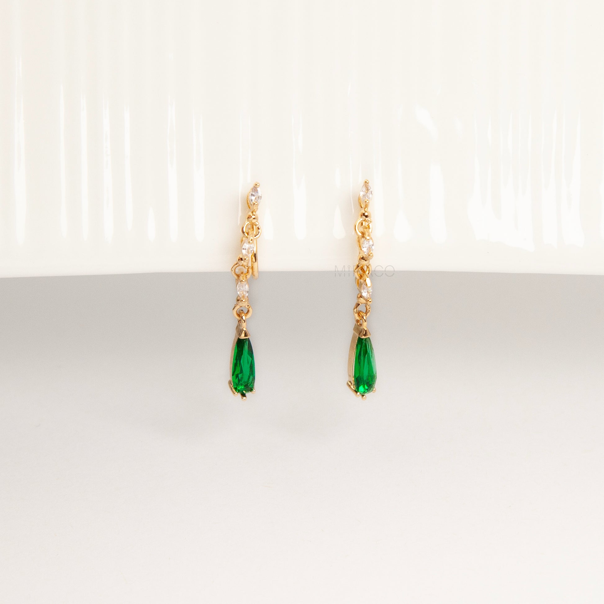 emerald green clip-on earrings, drop earrings non pierced, green teardrop clip on, gold coil back earrings, crystal drop clip on earrings, non pierced statement earrings