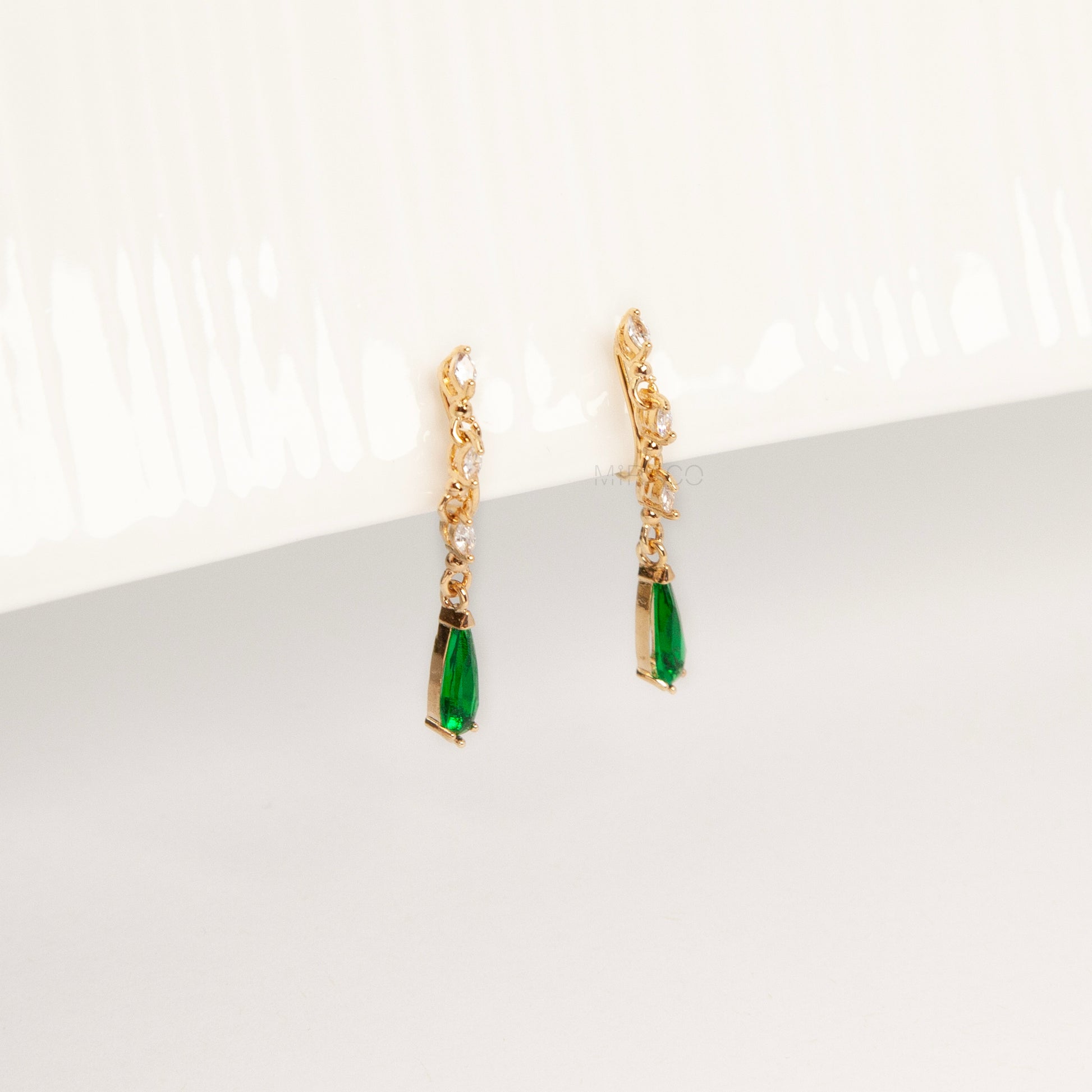 emerald green clip-on earrings, drop earrings non pierced, green teardrop clip on, gold coil back earrings, crystal drop clip on earrings, non pierced statement earrings