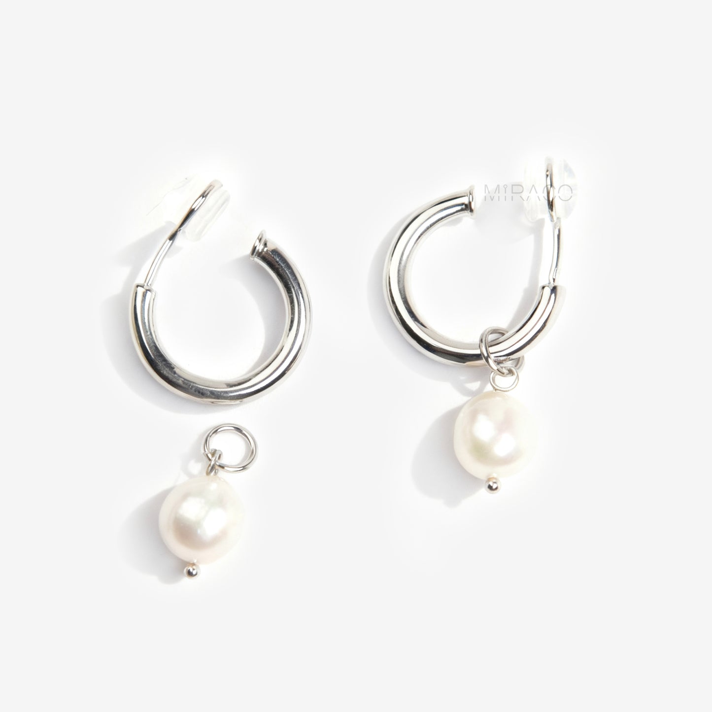 Silver Clip-On Hoop Earrings with Freshwater Pearl Charms