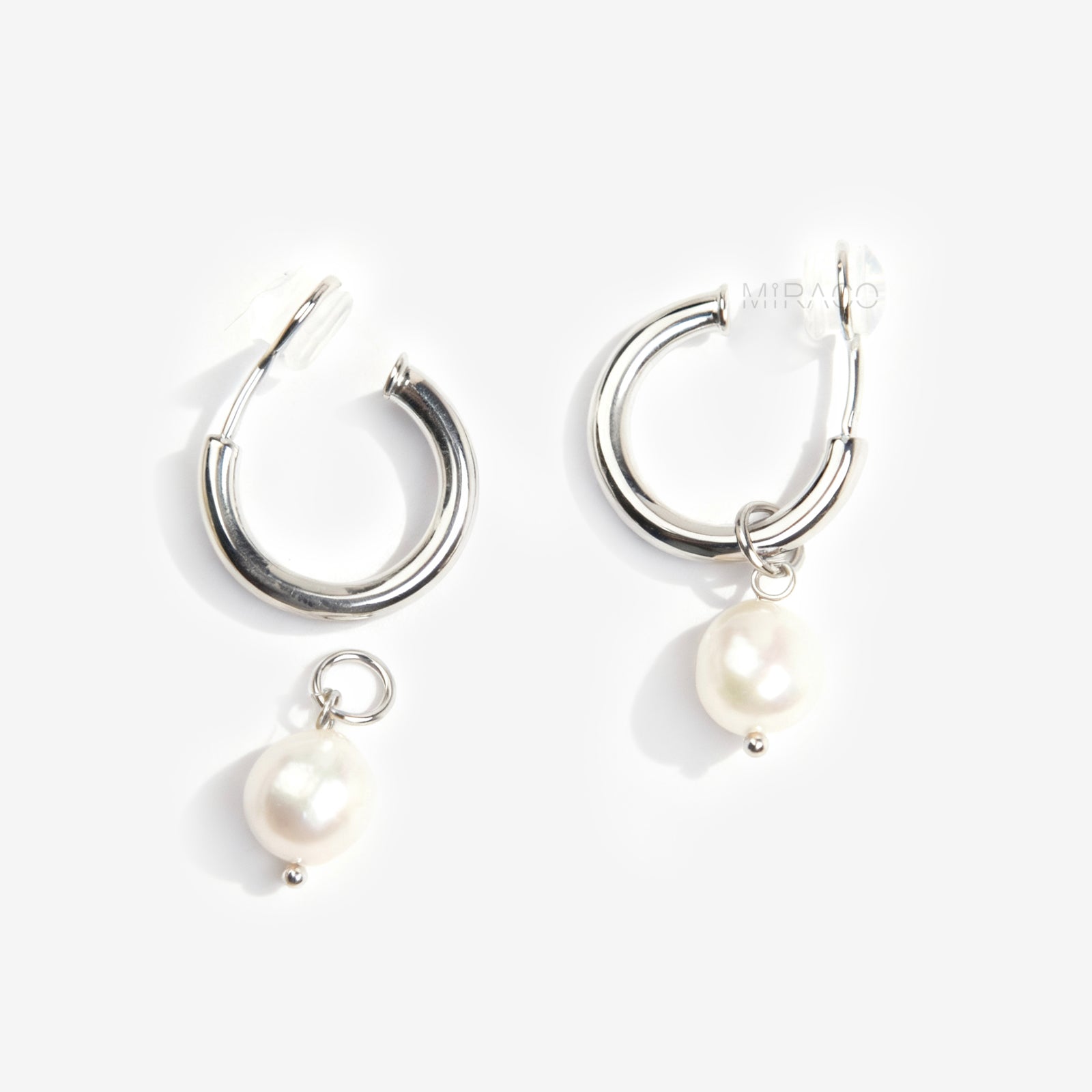 Silver Clip-On Hoop Earrings with Freshwater Pearl Charms