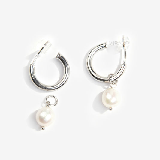 Silver Clip-On Hoop Earrings with Freshwater Pearl Charms