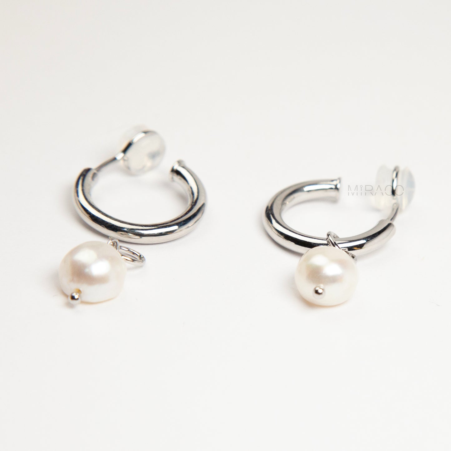 Silver Clip-On Hoop Earrings with Freshwater Pearl Charms