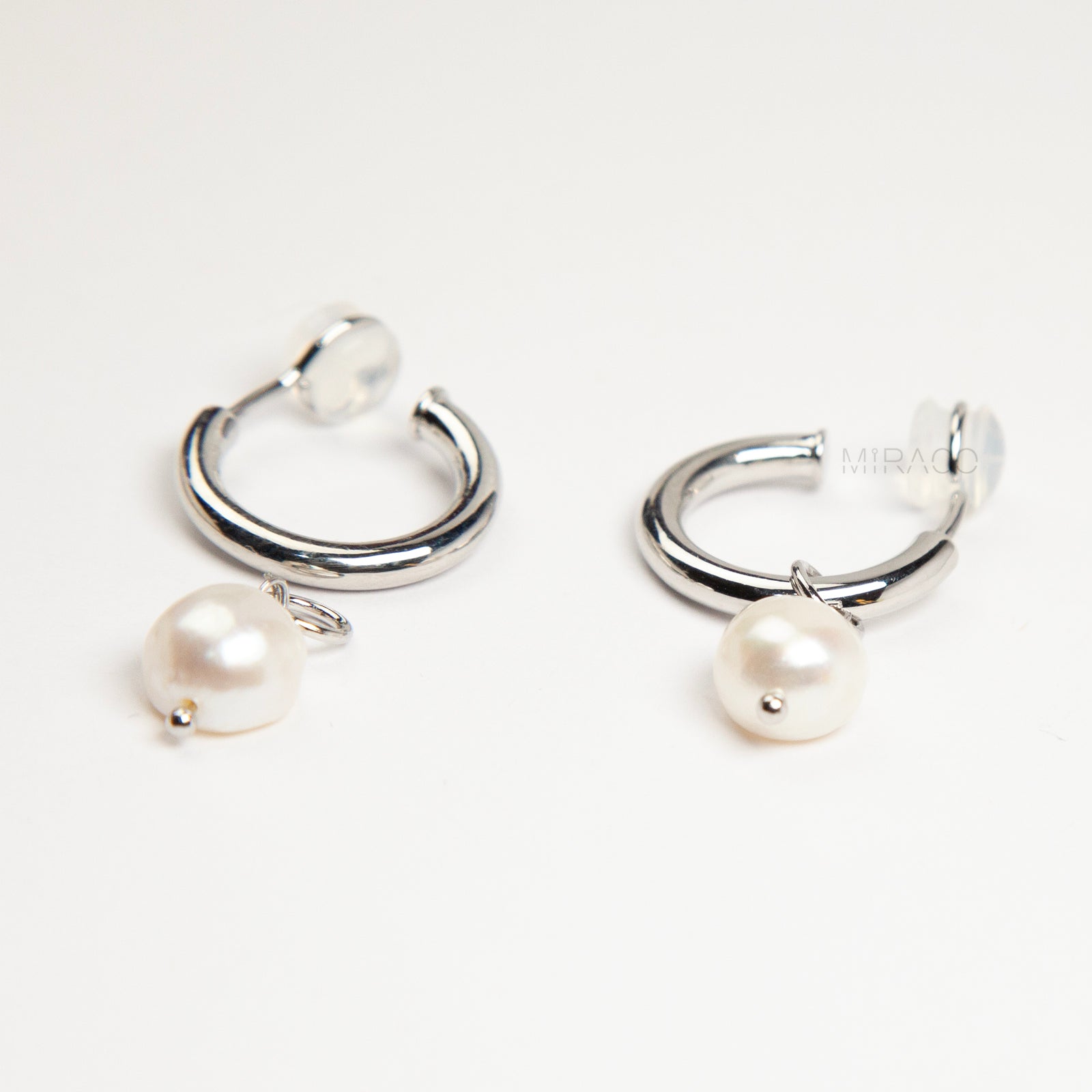 Silver Clip-On Hoop Earrings with Freshwater Pearl Charms